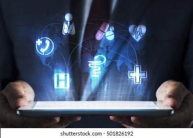 Health Sector Concept On Tablet With Hologram