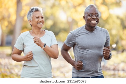 Health, smile and running with old couple in park for fitness, workout and exercise. Wellness, retirement and happy with senior black man and woman training in nature for motivation, sports or cardio - Powered by Shutterstock