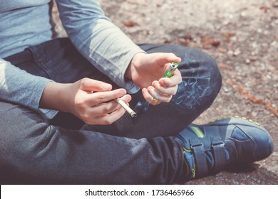 Health And Social Problem, Issue Concept, School Young Boy Smoking Cigarette Outside, Neglected Child