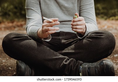 Health And Social Problem Or Issue Concept, School Young Boy Smoking Cigarette Outside, Neglected Child