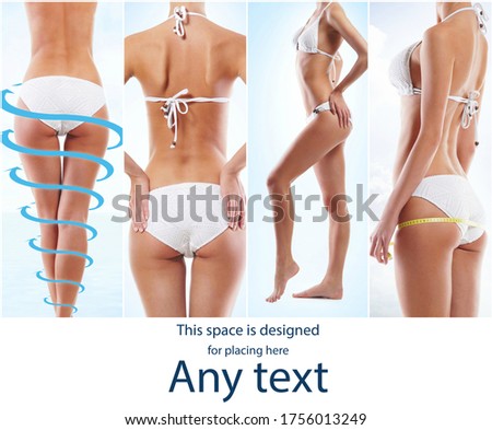 Health, sport, fitness, nutrition, weight loss, diet, cellulite removal, liposuction, healthy life-style collage. Beautiful female body shape. Women in swimsuits.