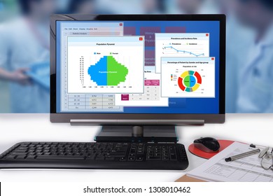 Health statistics tables and charts showing on computer monitor.