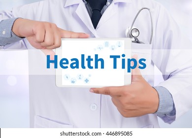 Health Tips Doctor Holding  Digital Tablet