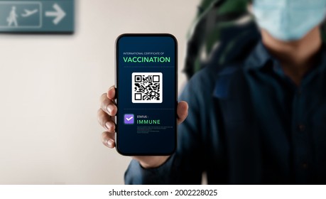 Health Vaccine Passport for Coronavirus or Covid-19. Traveller Presenting Mobile Phone Screen with Vaccination in Immune Status to Certificated International Traveling  in Airport - Shutterstock ID 2002228025