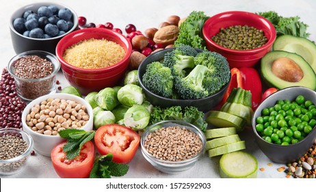 Health vegan and vegetarian food concept. Foods high in  antioxidants, fiber, smart carbohydrates and vitamins.