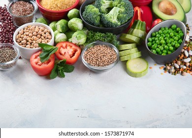 Health vegan and vegetarian food concept. Foods high in  antioxidants, fiber, smart carbohydrates and vitamins.Image with copy space