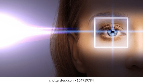health, vision, sight - woman eye with laser correction frame