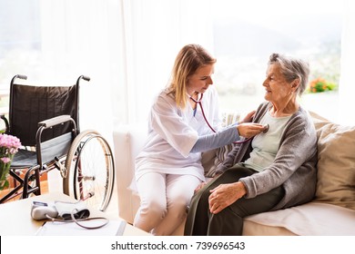 Health visitor and a senior woman during home visit.