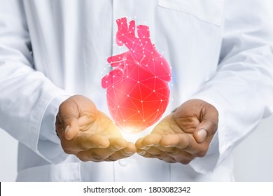 Healthcare And AI Concept. Black Physician Holding Virtual Heart In Open Palms With Connected Poly Geometric Dots