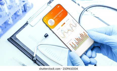 Healthcare App Medical Technology. Doctor Holding Digital Smartphone. Healthcare Medicine App On Mobile Phone Screen. Health Check With Digital System Support