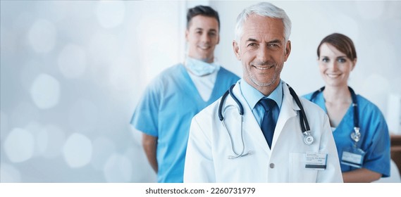 Healthcare, banner and portrait of doctors for a consultation, medicine promotion and insurance. Hospital team, medical and clinic employees smiling for cardiology, professional services and medicare - Powered by Shutterstock