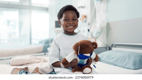 Healthcare, black child and teddy bear in hospital for surgery recovery, patient and healthy results. Face, boy kid and bed for medical, wellness or toy for relax on bed, rehabilitation and happiness - Powered by Shutterstock