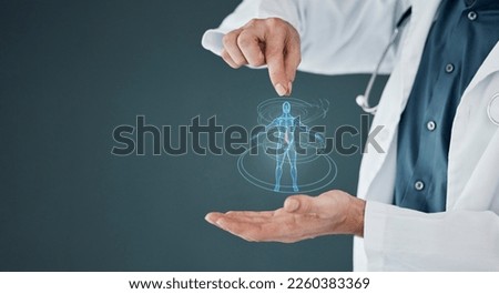 Healthcare, body and doctor hands with a hologram for anatomy, science and human analysis. Digital, research and medical worker with a holographic person for biotechnology on a mockup background