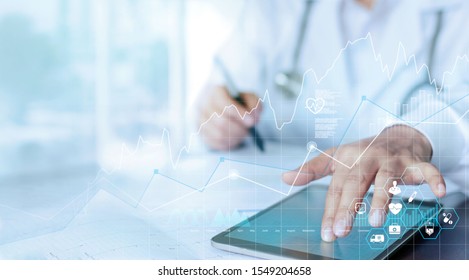 Healthcare business graph data and growth, Medical examination and doctor analyzing medical report network connection on tablet screen. - Powered by Shutterstock