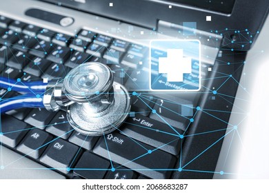 Healthcare Business Graph Data And Growth, With Network Connection On Laptop Screen.