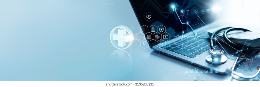 Healthcare business graph and data of Medical business growth on laptop, investment, financial and banking, Medical business report on global network. - Shutterstock ID 2135203231