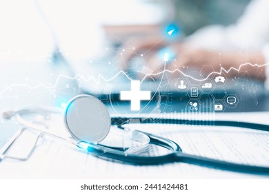 Healthcare business graph and data of Medical business growth on laptop, investment, financial and banking, Medical business report on global network. development innovation technology to improve - Powered by Shutterstock