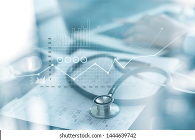Wirtschaftsdiagramm des Gesundheitswesens und medizinische Untersuchung und Geschäftsleute, die Daten und Wachstumstabelle auf unscharfem Hintergrund analysieren