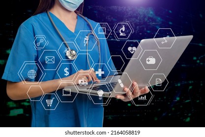 Healthcare Business Graph And Medical Examination And Businessman Analyzing Data And Growth Chart On Laptop Background
