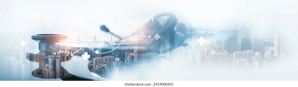 Healthcare business growth graph with global health network connection service on virtual screen. Medical technology and tourism, telemedicine, virtual hospital, healthcare and medicine background - Powered by Shutterstock