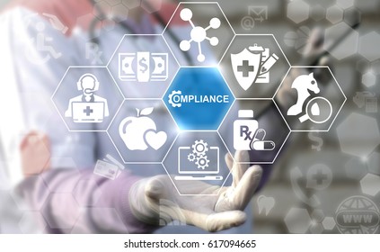 Healthcare Compliance. Medicine Observation Service Concept. Doctor Offers Icon Compliance Gear On Virtual Screen. Medical Governance Modernization Healthy Strategy Technology