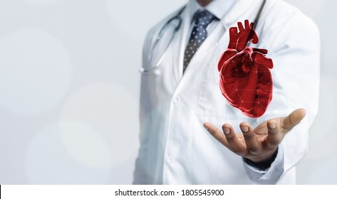 Healthcare Concept. Closeup Of Doctor In White Coat Holding Virtual Heart In Open Palm, Copy Space