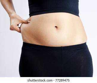 Healthcare Concept, Fat Overweight Women Pinching Her Fat Tummy