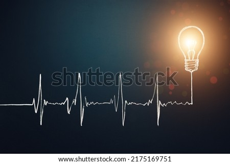 healthcare concept. Heart beats cardiogram with attention light bulb icon. Copy space. Idea symbol.