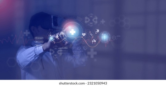 Healthcare concept and medical technology, science ,Innovation and technology,Doctor wearing virtual reality glasses Check patient diagnoses with a modern simulated interface.
