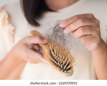 Healthcare concept.Closeup hair loss,hair fall in hairbrush stress problem of woman.