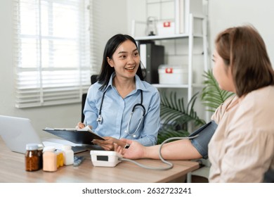 Healthcare Consultation and Patient Interaction. A healthcare professional conducting a checkup with a patient in a friendly environment.