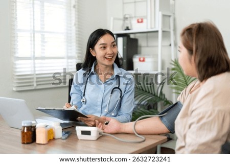 Healthcare Consultation and Patient Interaction. A healthcare professional conducting a checkup with a patient in a friendly environment.