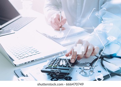 Healthcare costs and fees concept.Hand of smart doctor used a calculator for medical costs in modern hospital with VR icon diagram