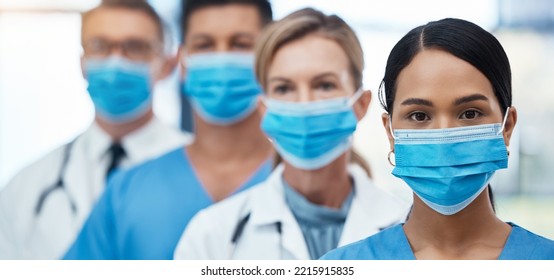 Healthcare, Covid And Compliance By Team Of Doctors Leading With Medical Innovation During A Global Pandemic. Health, Safety And Face Mask With Cardiology Experts In The Front Line At Disease Clinic