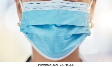 Healthcare, Covid And Doctor With Surgical Mask, Face Closeup And Cropped. Safety In Hospital For Medical Worker In Surgery Or Research. Protection Against Virus And Infection For Woman In Medicine.