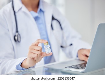 Healthcare, Covid And Vaccine By Doctor Research On Laptop, Planning And Medical Study In An Office. Innovation, Science And Cure By Woman Health Care Professional Schedule Doctor Appointment Online