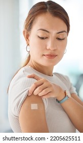 Healthcare, Covid And Vaccine With Woman And Bandaid On Arm For Medical, Patient And Wellness Against Virus. Medicine, Support And Health With Girl After Vaccination For Sick, Flu Or Illness