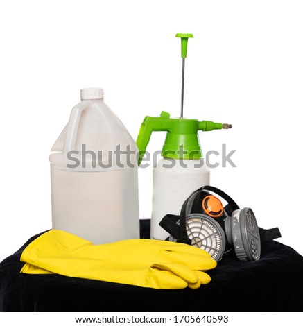 Healthcare, COVID-19 and medicial concept. Protective respirator, gloves, sanitizer over white background