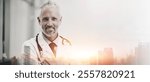 Healthcare, doctor and city portrait with double exposure for public health assistance, medicine support and pride. Banner, mature professional and happy man on mockup space for medical insurance