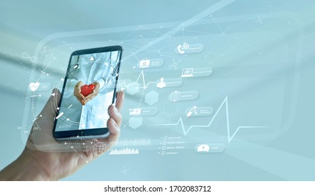 Healthcare, Doctor online and virtual hospital concept, Diagnostics and online medical consultation on smartphone, Communication with patient on network, Innovative and  medical technology.