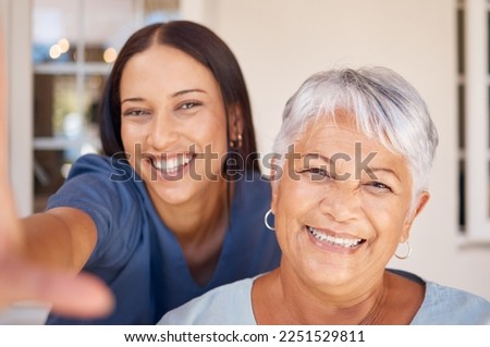 Healthcare, doctor and selfie portrait with elderly patient in living room, bonding during checkup at assisted living facility. Trust, senior care and nursing by friendly caretaker relax together Foto d'archivio © 