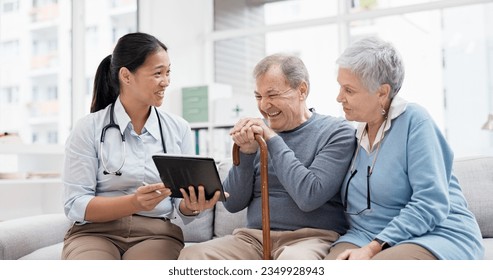 Healthcare, doctor tablet and senior couple with digital results in retirement home with caregiver support. Nursing, technology and online information with communication and elderly patient with talk - Powered by Shutterstock