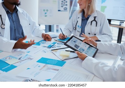 Healthcare Doctors And Meeting Documents With Tablet Data For Business Discussion In Office. Medical Paperwork Communication And Analytics Improvement For Development Of Medicare Company.