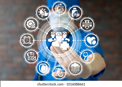 Healthcare Doctors Team Work Success Professional Help Service Concept. Doctor Using Virtual Touchscreen Presses Medic Group With Medical Cross Button.