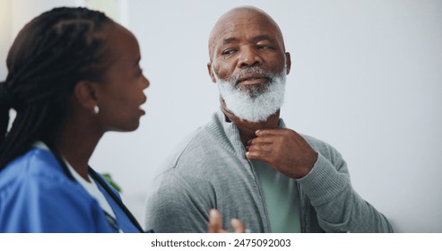 Healthcare, examination and old man consulting doctor for sore throat, pain or thyroid worry and cancer assessment. Hospital, help or senior patient with surgeon for surgery, choice or treatment plan - Powered by Shutterstock