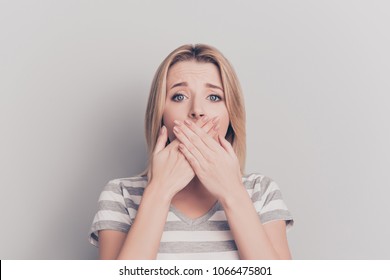 Healthcare Food Poisoning People Person Concept. Close Up Portrait Of Feeling Unwell Sick Ill Upset Stressed Unhappy Sad Entrepreneur Closing Mouth With Hands Isolated On Gray Background