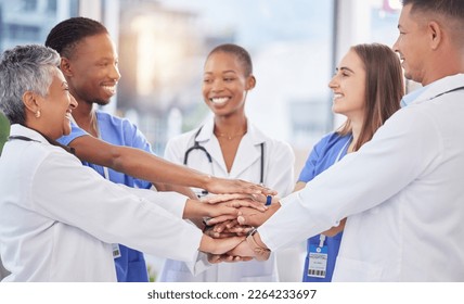 Healthcare, happy teamwork and hands of doctors for mission of medicine success. Motivation, support and medical diversity in hand stack for solidarity, hospital trust and collaboration goals - Powered by Shutterstock