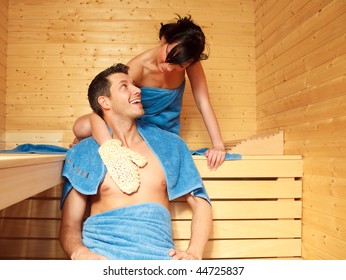 Healthcare Healthy Couple In Finland Sauna Warming Up And Healing In A Spa Wellness Resort Cabin