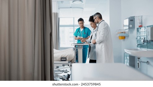 Healthcare, hospital and a medical team of doctors checking on a patient in recovery or rehabilitation. Medicine, teamwork and consulting with a group of health professionals in a clinic for wellness
