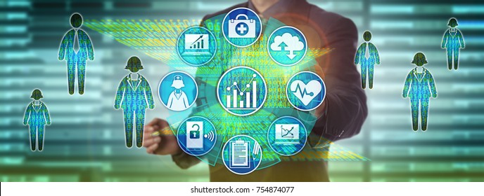 Healthcare information officer measuring performance via dashboard. Health care information technology concept for big data solution driving timely decision making for population health management.